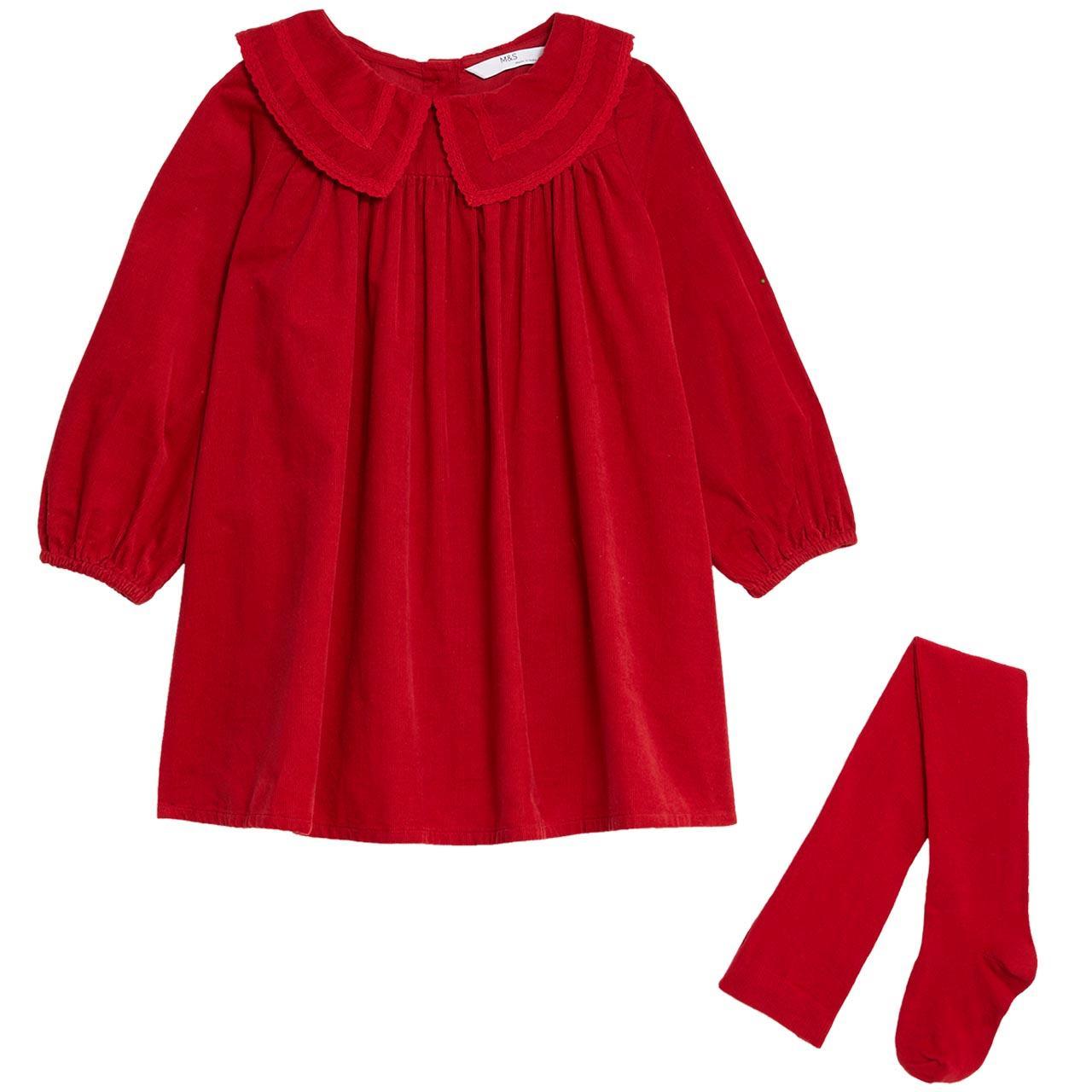 M&S Girls Collection Cotton Corduroy Dress, 7-8 Years, Red