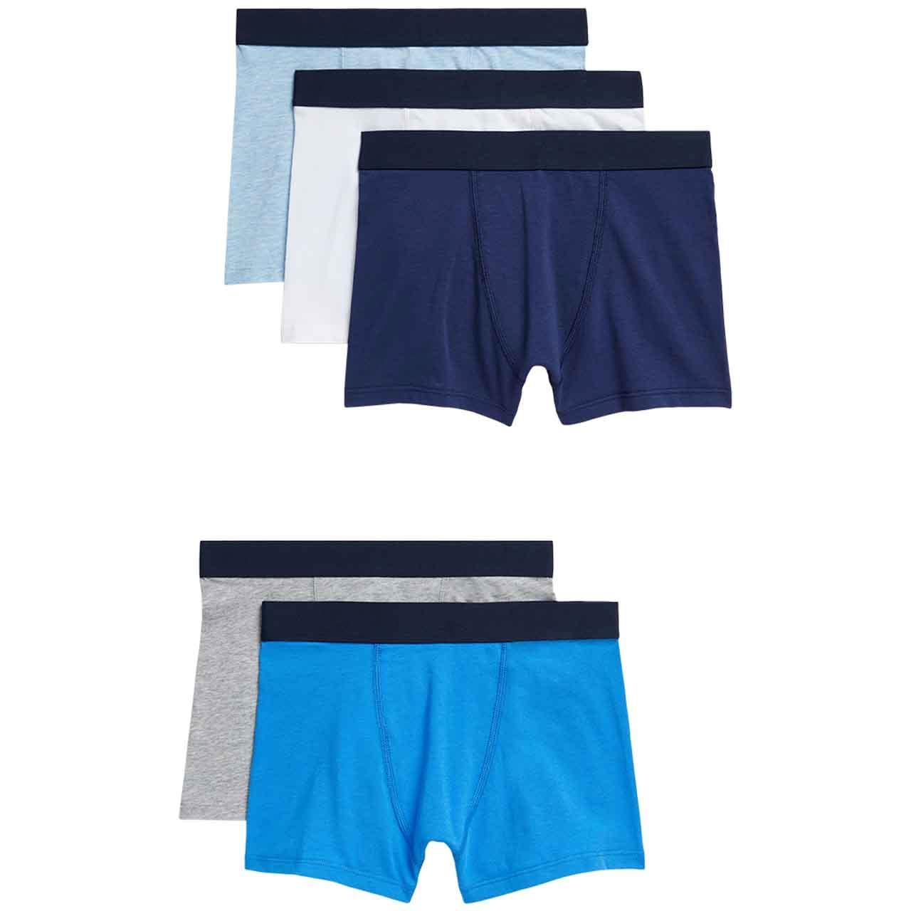 M&S Boys Cotton Rich Trunks, 7-8 Years, Blue, 5 Pack