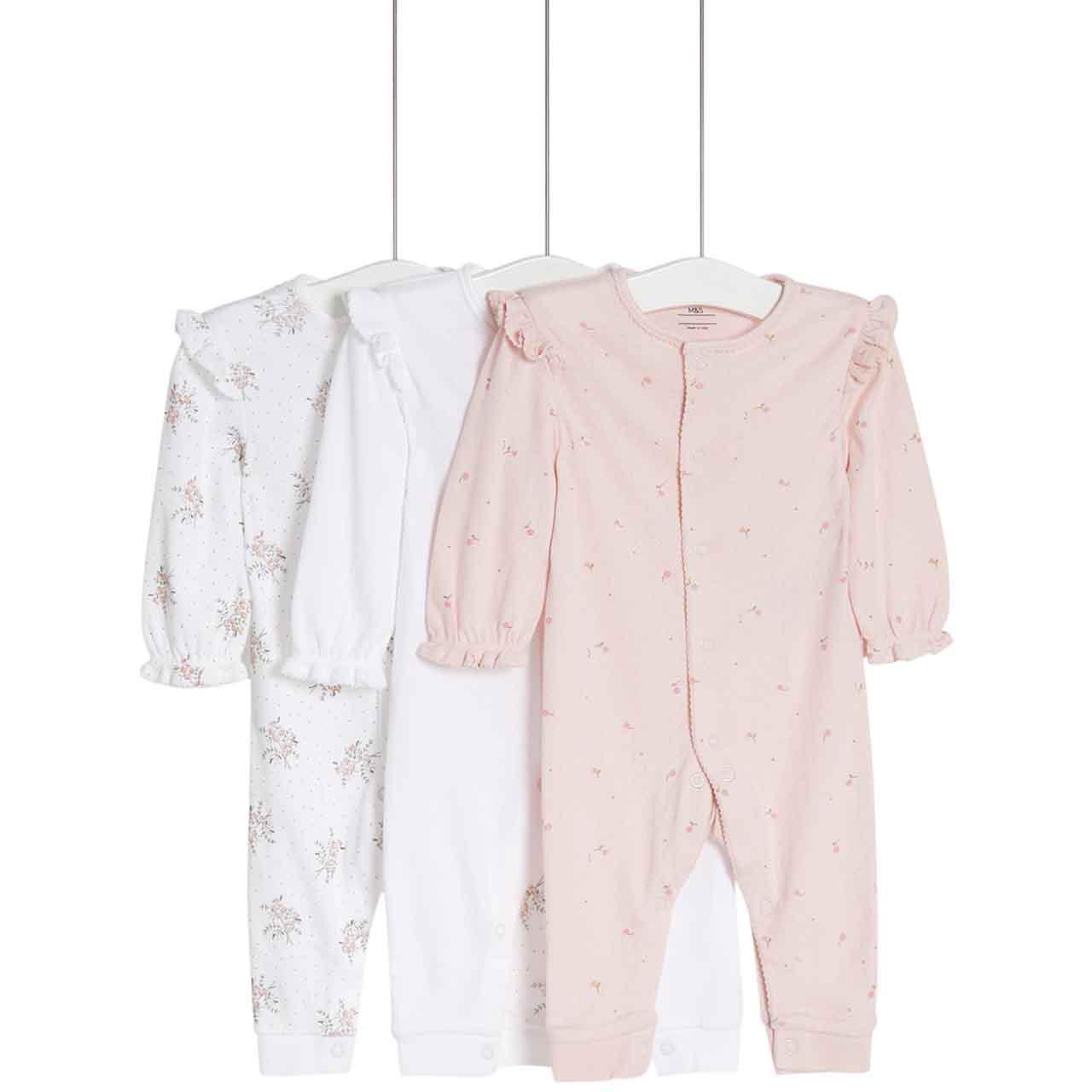 M&S Ditsy Frill Footless Sleepsuits, Newborn, Pink, 3 Pack