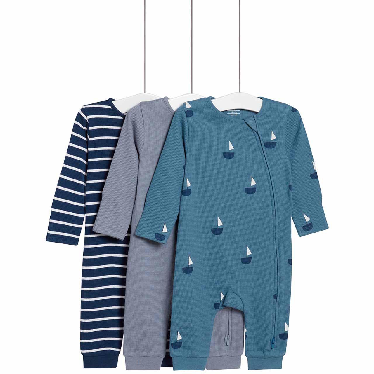 M&S Nautical Sleepsuits, 3 Pack, New Born, Navy