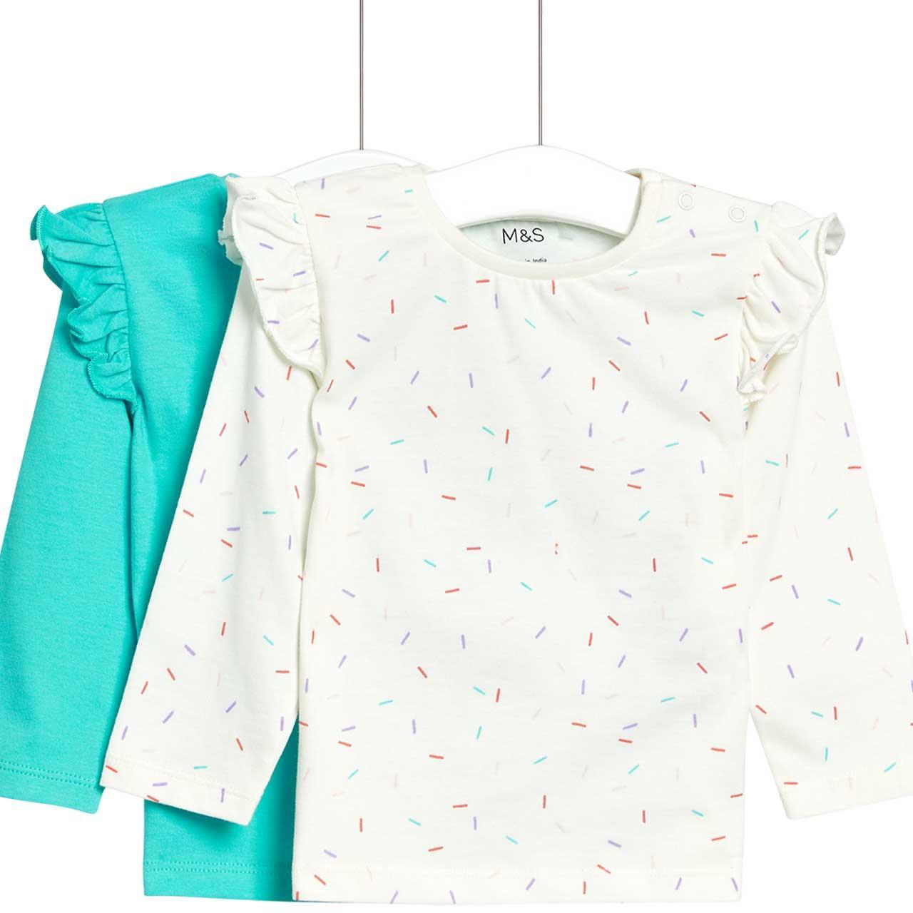 M&S Cotton Green Dash Print Tops, 2 Pack, 12-18 Months