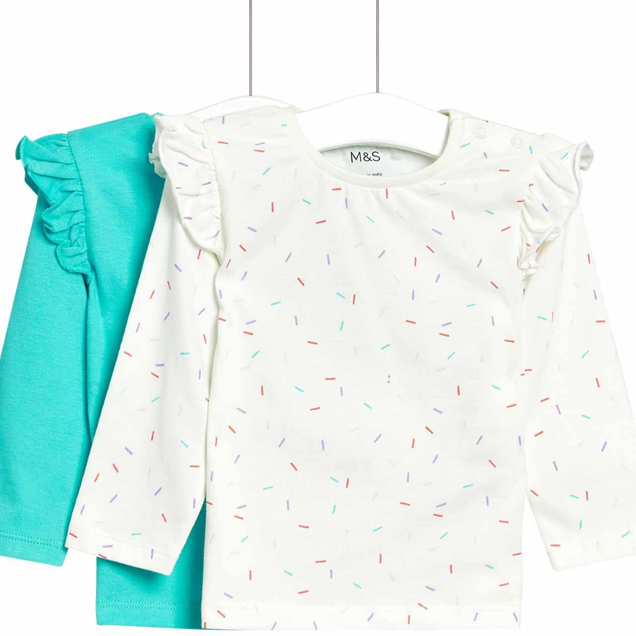 M&S Cotton Green Dash Print Tops, 2 Pack, 2-3 Years