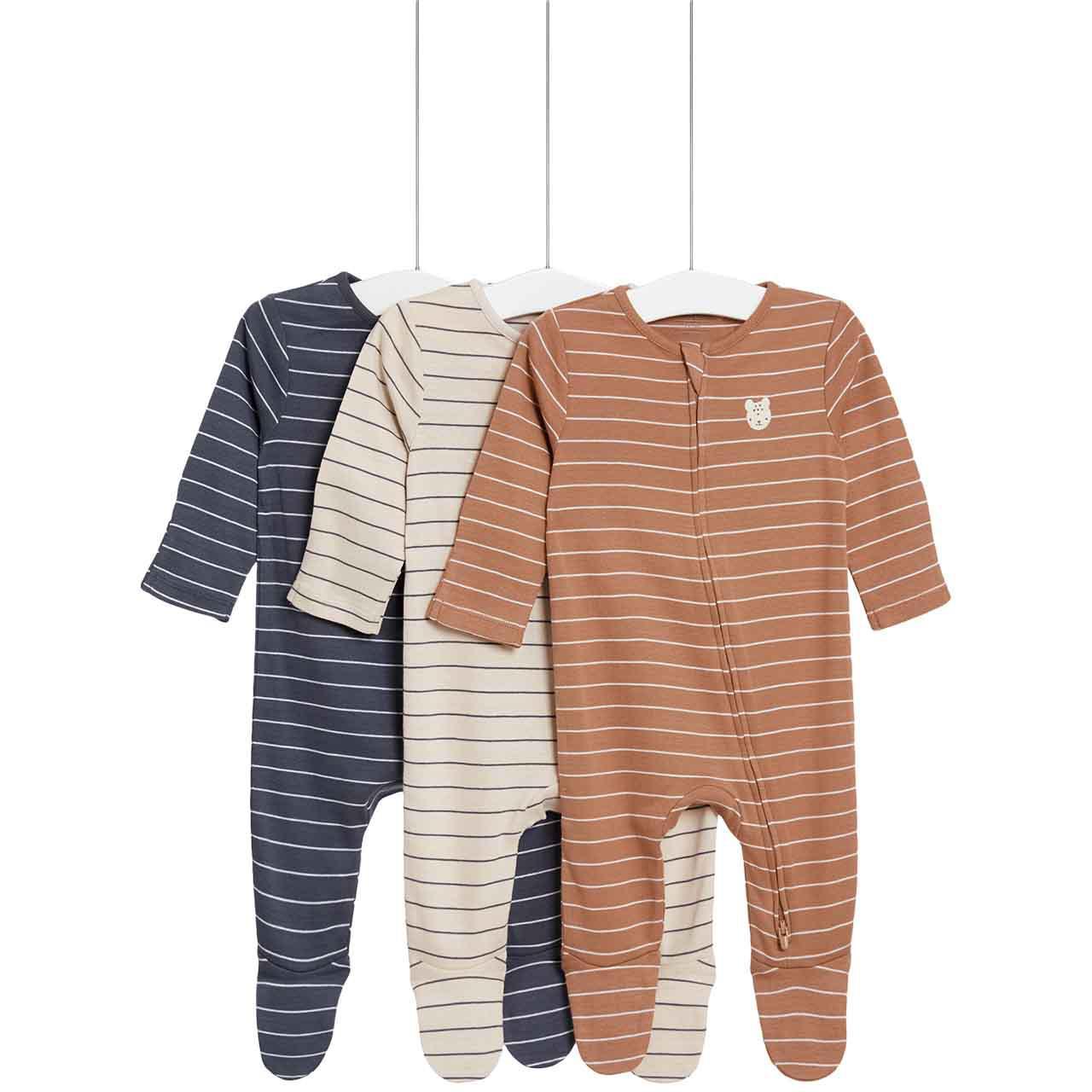 M&S Stripe Bear Zip Sleepsuits, 6-9 Months, 3 Pack