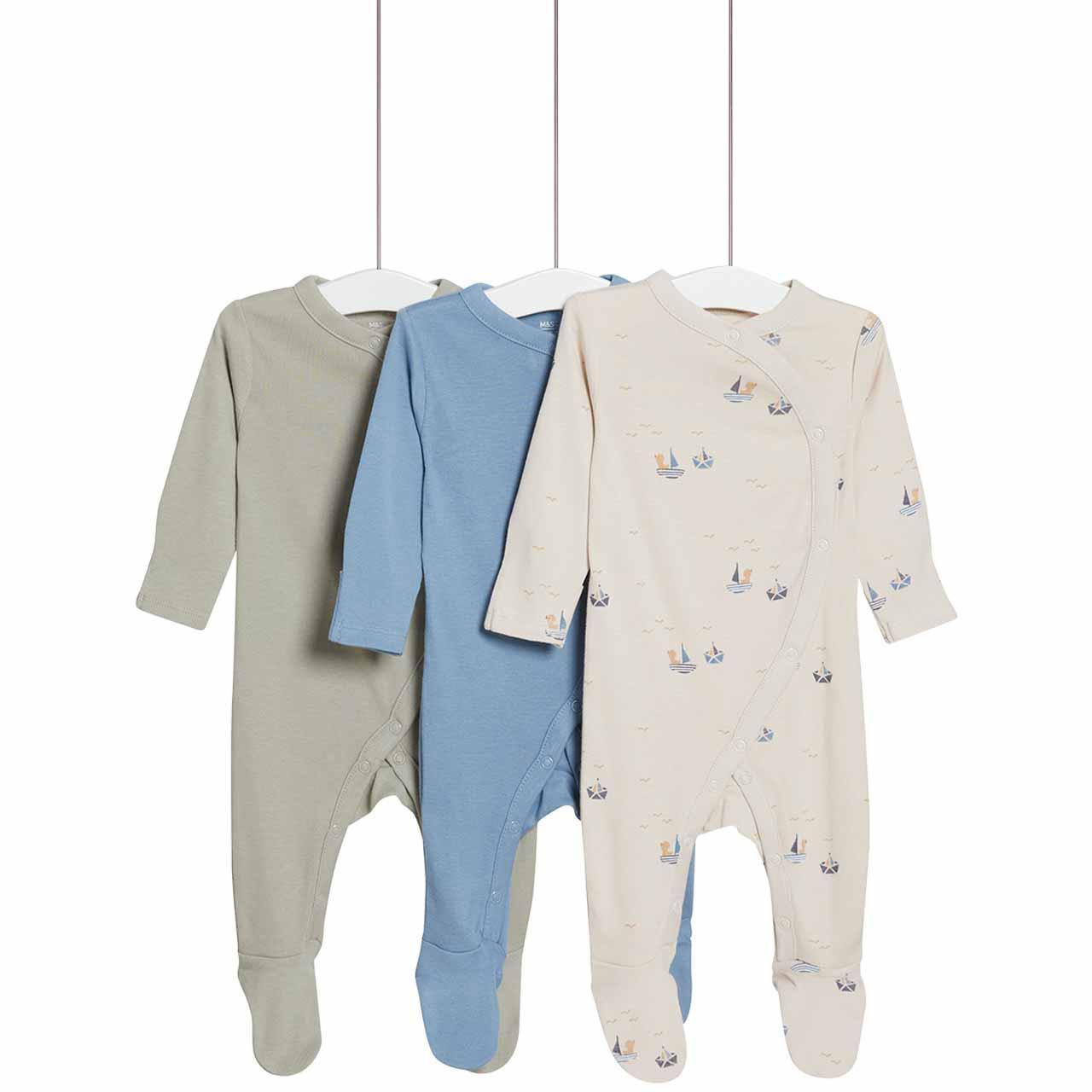 M&S Pure Cotton Nautical & Plain Sleepsuits, 3 Pack, New Born, Blue