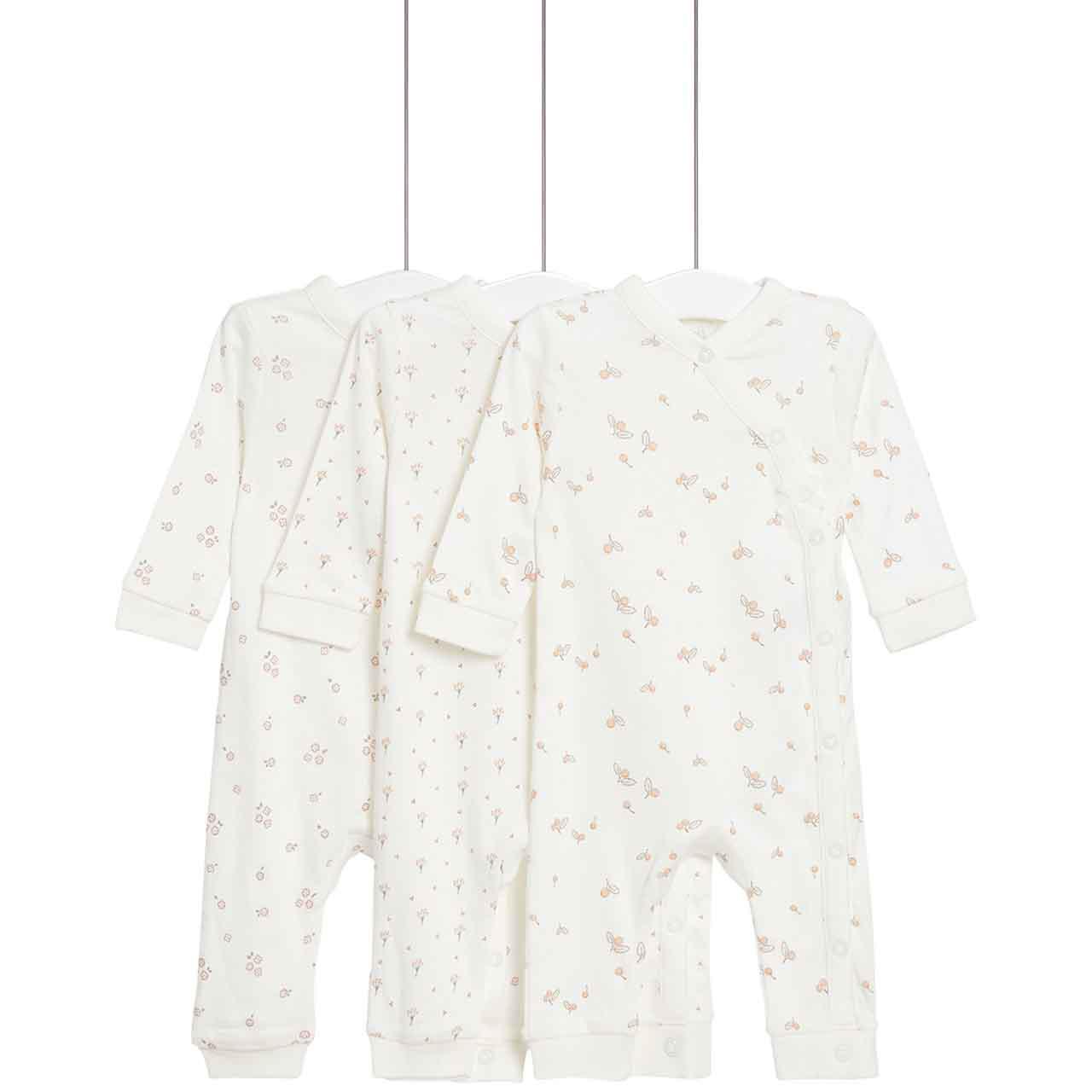 M&S Pure Cotton Floral Sleepsuits, 3 Pack, Newborn, Cream Mix