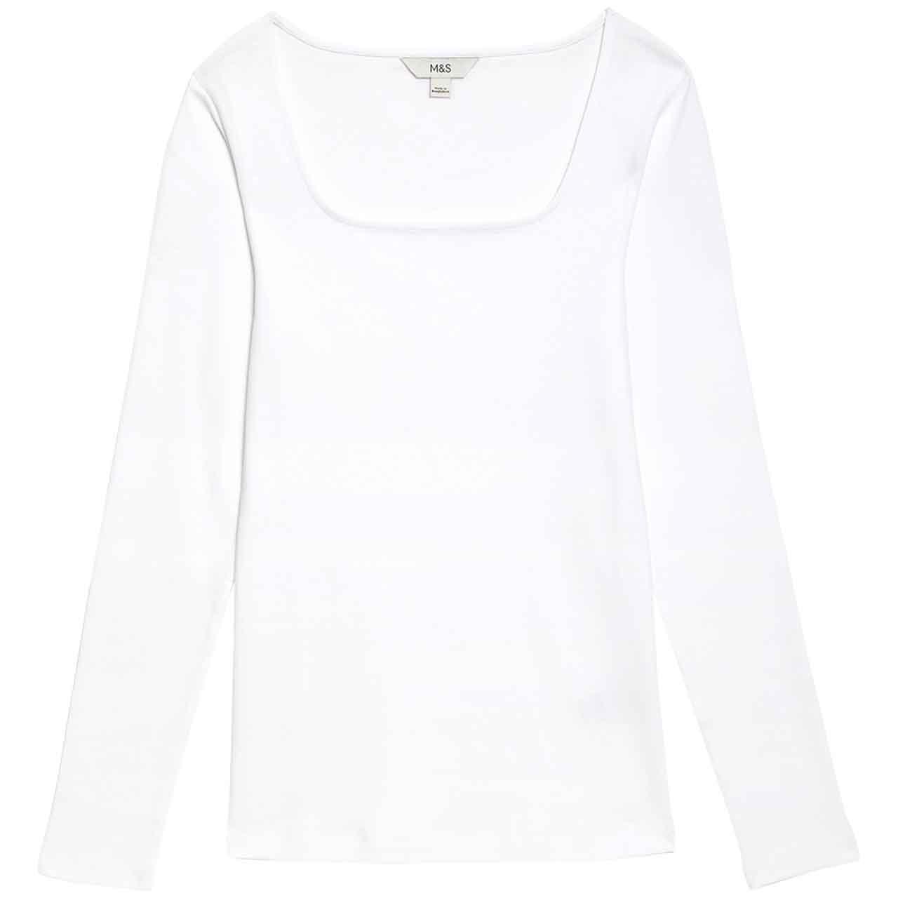 M&S Cotton Square Neck Slim Fit Top, 10, White