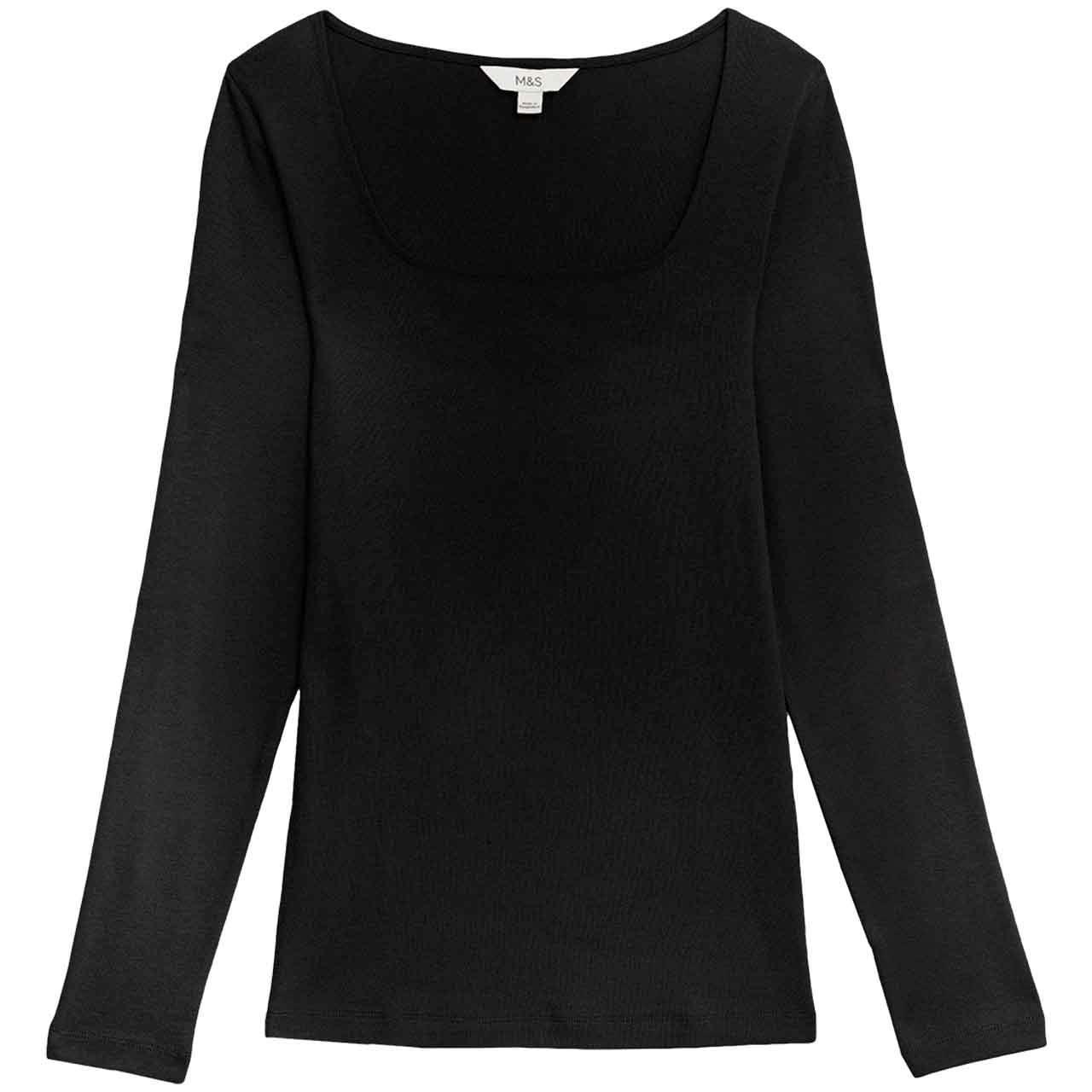 M&S Black Cotton Square Neck Slim Fit Top, 8 