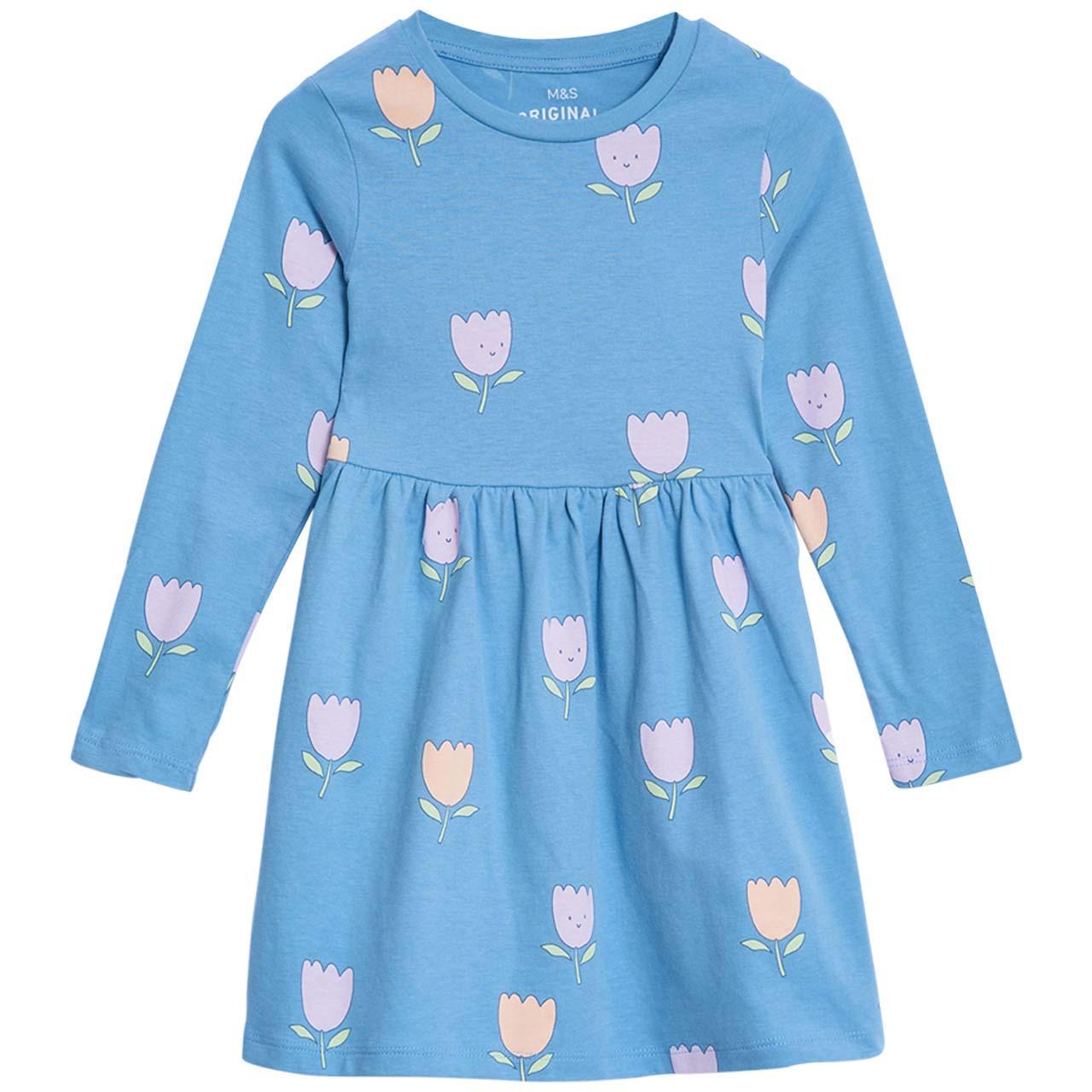 M&S Pure Cotton Floral Dress '3-4 Y Blue