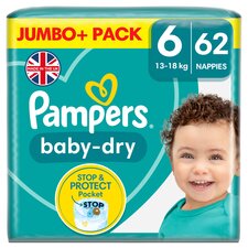 Pampers Baby-Dry Nappies, Size 6 (13-18kg) Jumbo+ Pack