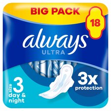 Always Ultra Day & Night Sanitary Towels Wit Wings Size 3 18 Pack