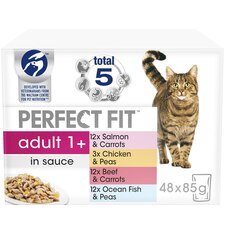 48 x 85g Perfect Fit 1+ Adult Wet Cat Food Pouches Mixed Selection in Sauce