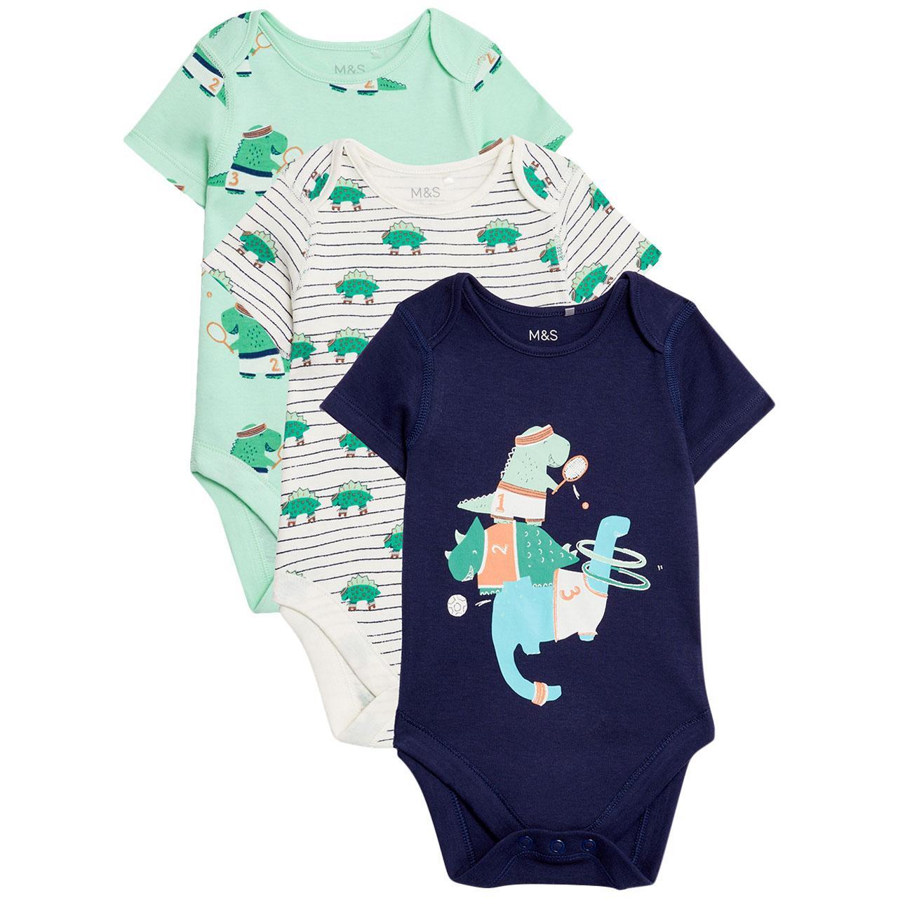 M&S Pure Cotton Dinosaur Bodysuits, 3 Pack, Newborn, Green Mix