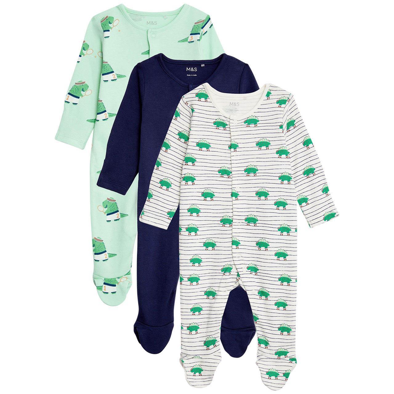 M&S Pure Cotton Dinosaur Sleepsuits, 3 Pack, Newborn, Green Mix