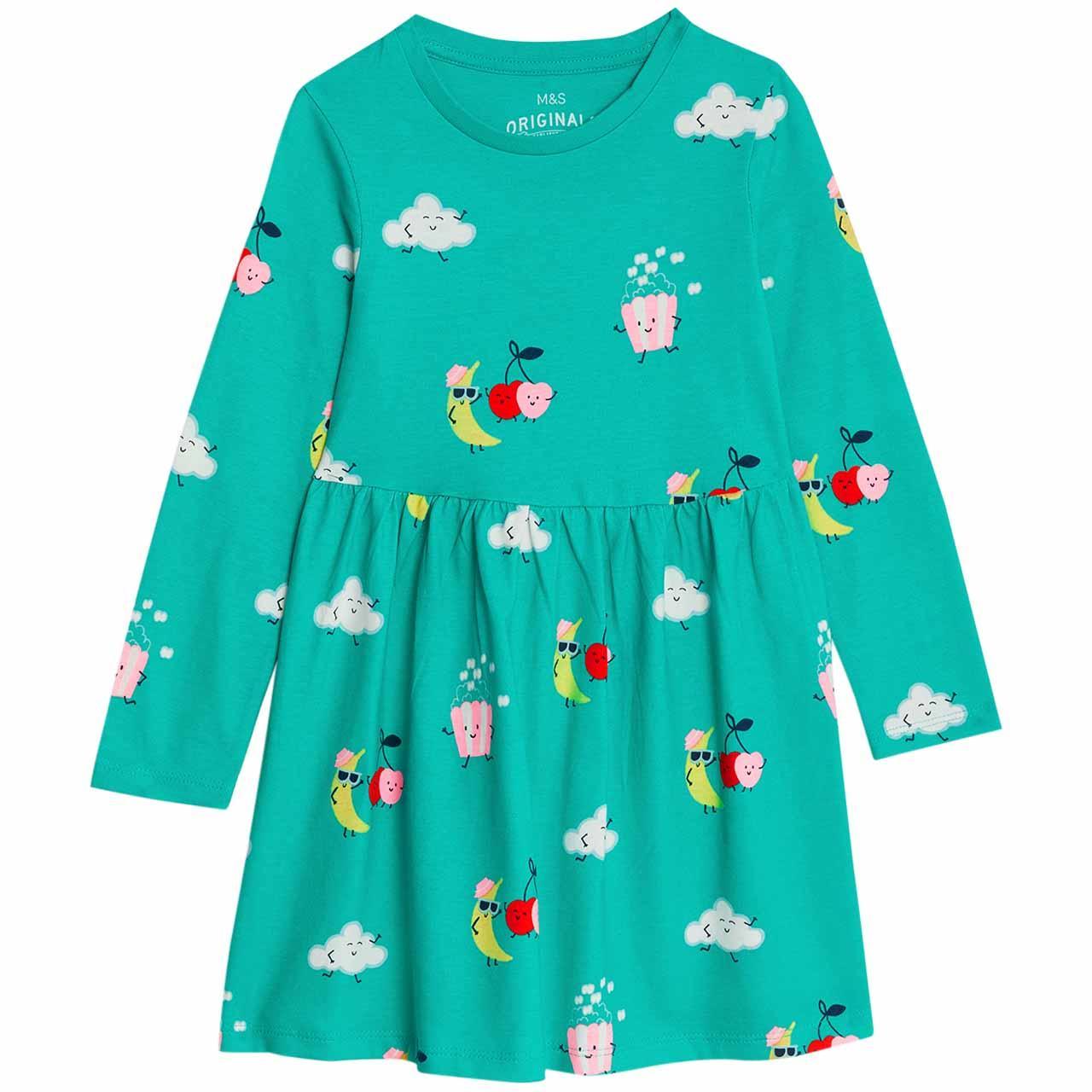 M&S Printed Dress, 2-3 Years, Bright Aqua