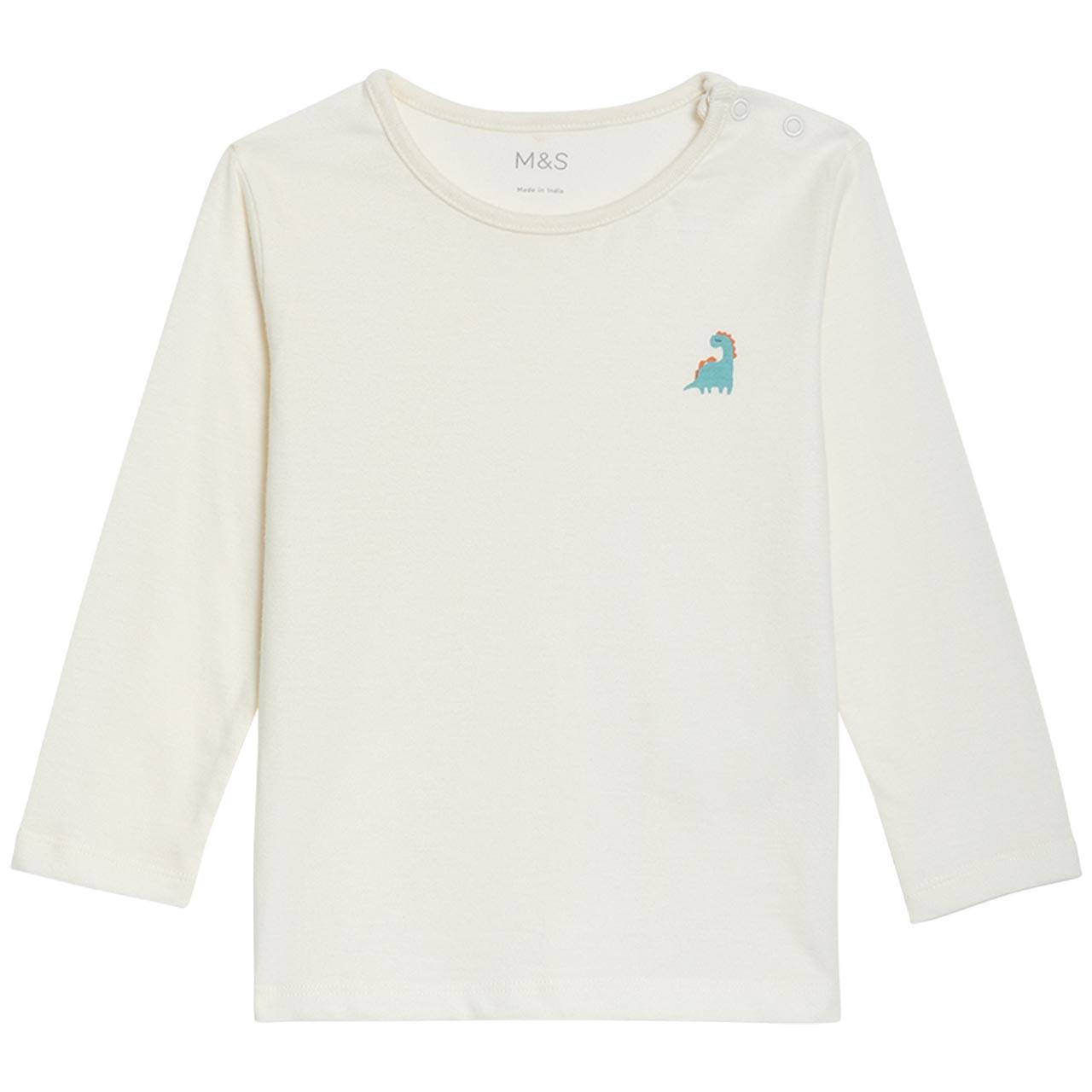 M&S Cotton Long Sleeve Cream Dino Top, 2-3 Years, Cream