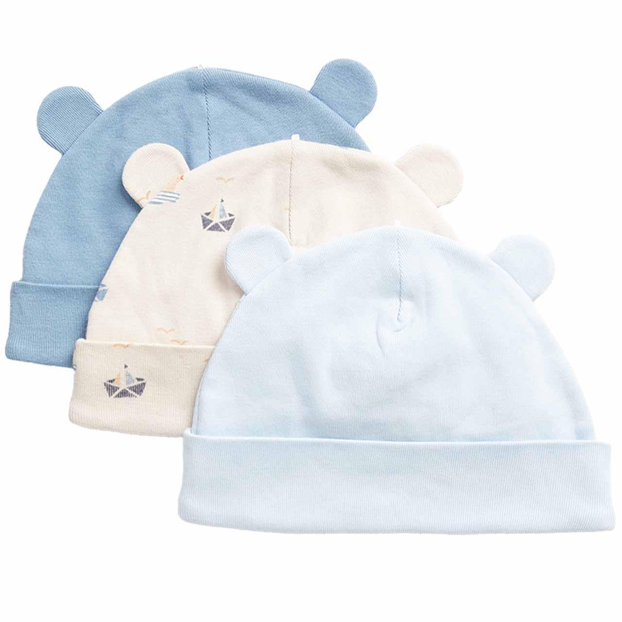 M&S Pure Cotton Floral Hats, 3 Pack, 0-6 Months, Blue