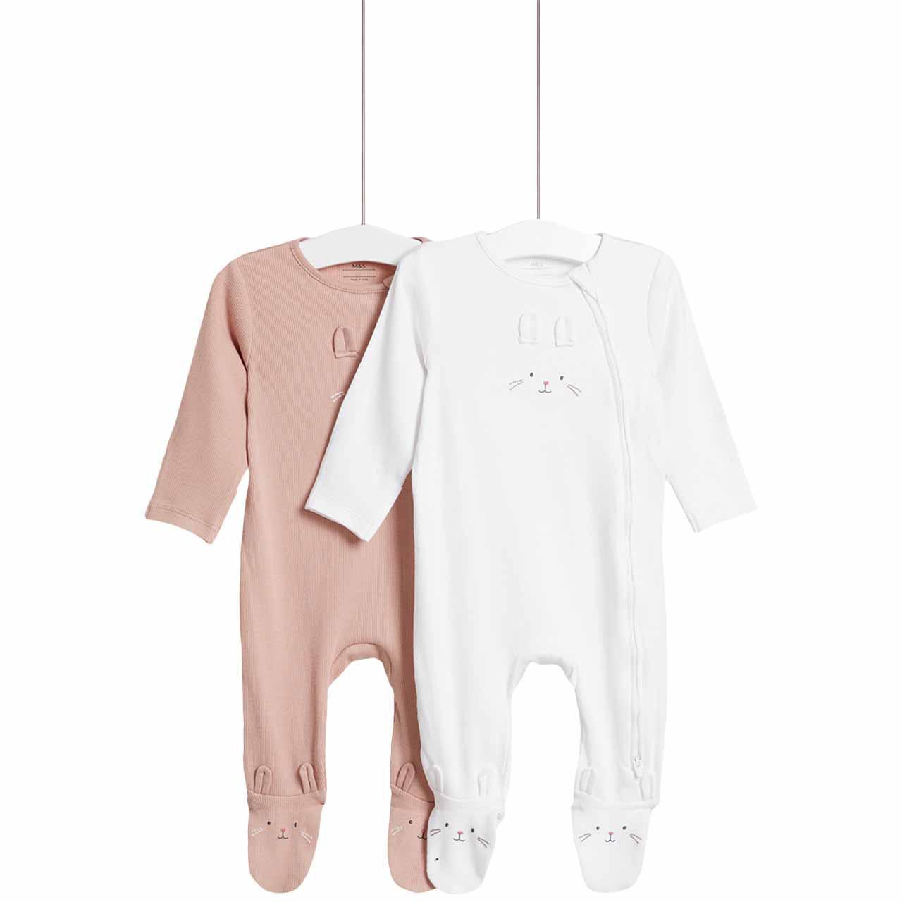 M&S Bunny Sleepsuits, 2 Pack, 6-9 Months, Pink