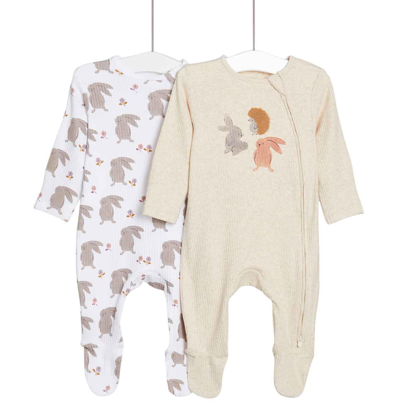 M&S Woodland Friends Sleepsuit, Newborn, Oatmeal, 2 Pack