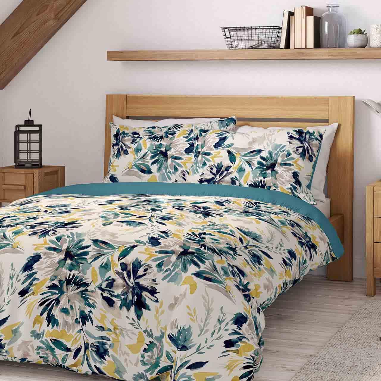 M&S Pure Cotton Watercolour Floral Bedding Set, Single, Teal