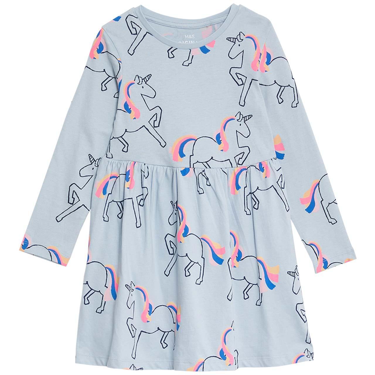 M&S Pure Cotton Unicorn Dress, 3-4 Years, Soft Blue