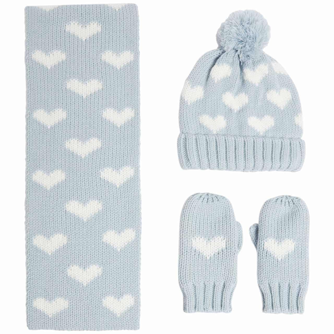 M&S Kids' Heart Hat, Scarf and Mitten Set 3Y-6Y, Blue