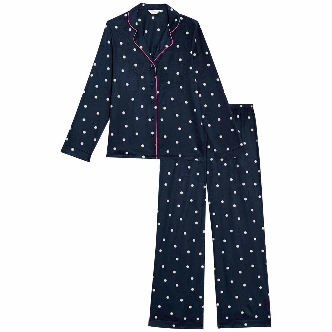 M&S Womens Fleece Polka Dot Pyjama Set, S, Navy Mix