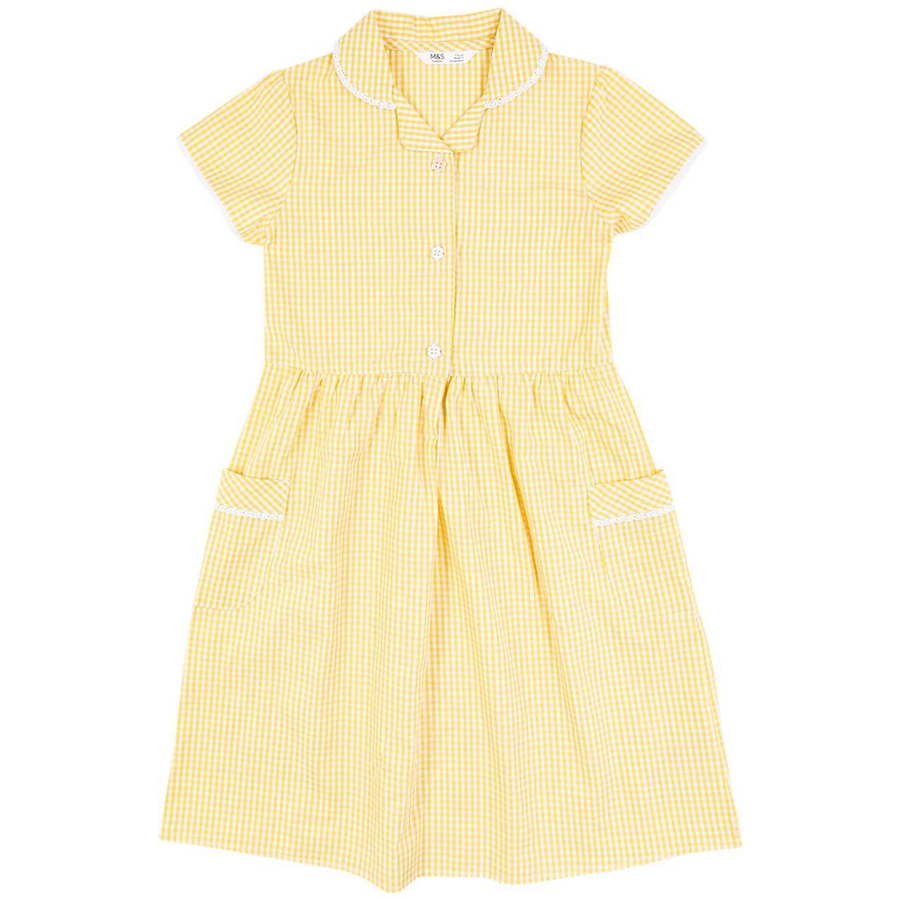 M&S Girls Pure Cotton Gingham School Dress, 10-11 Years, Yellow