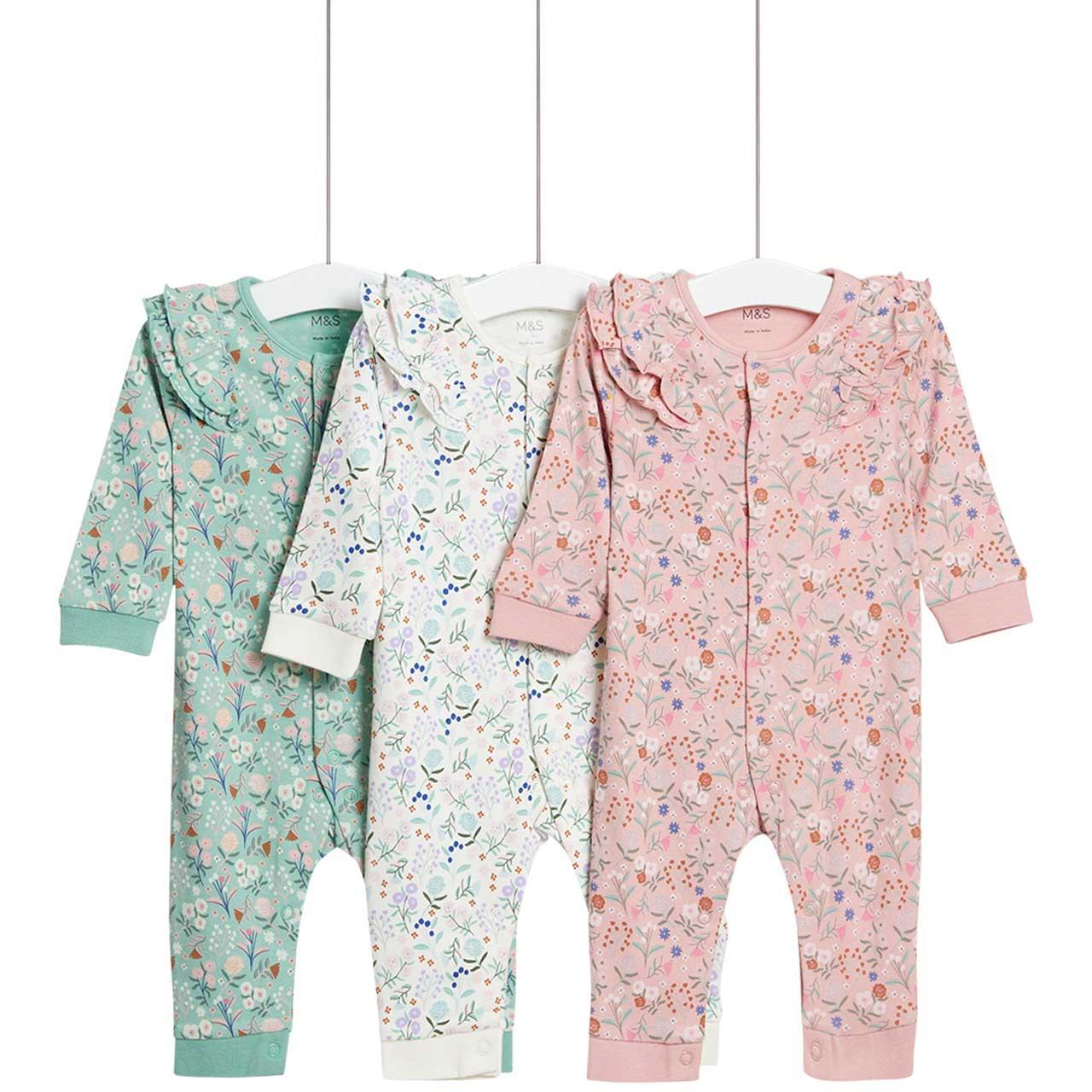 M&S Girls Pure Cotton Floral Sleepsuits, 0-3 Months, Pink