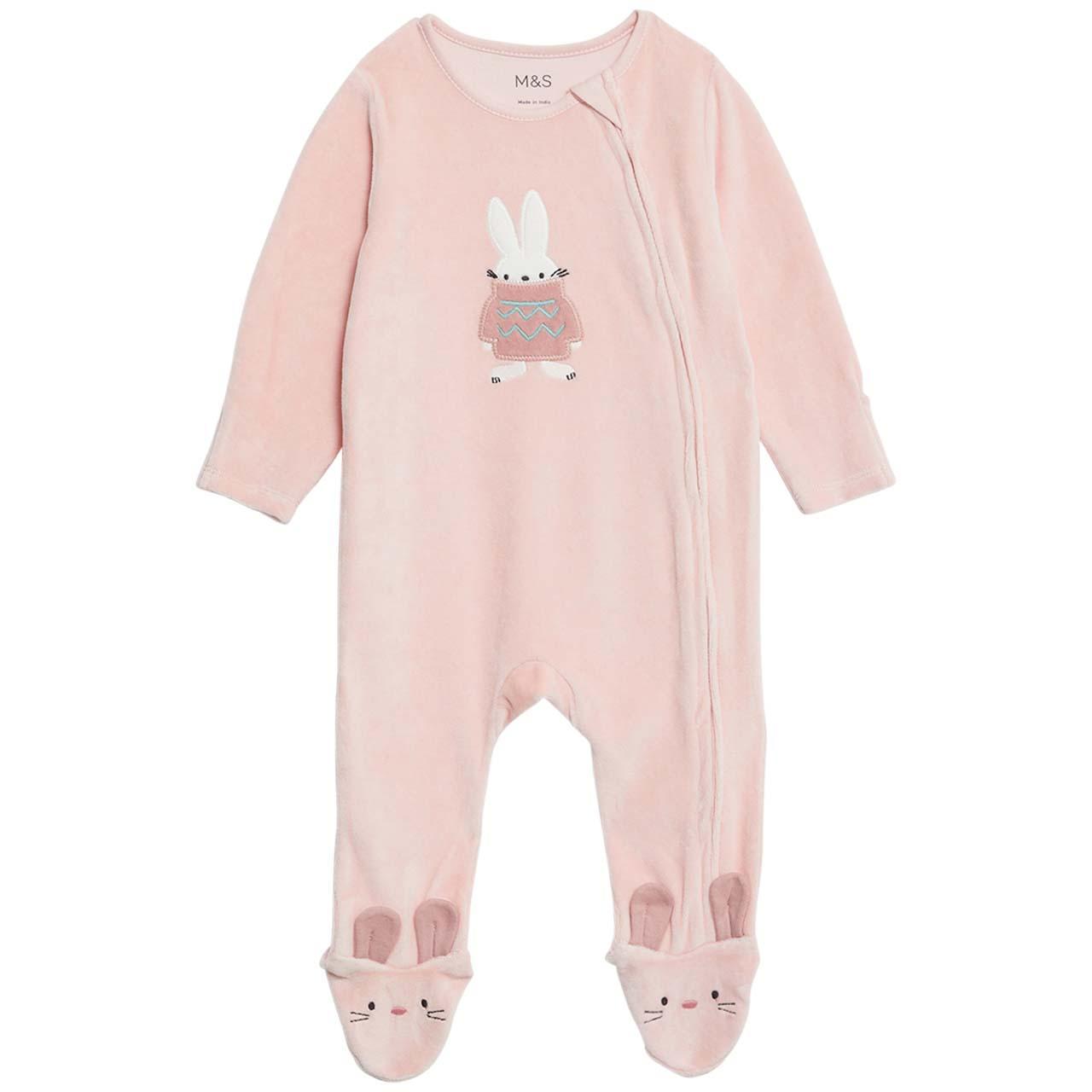 M&S Bunny Velour Sleepsuit, 0-3 Months, Pink