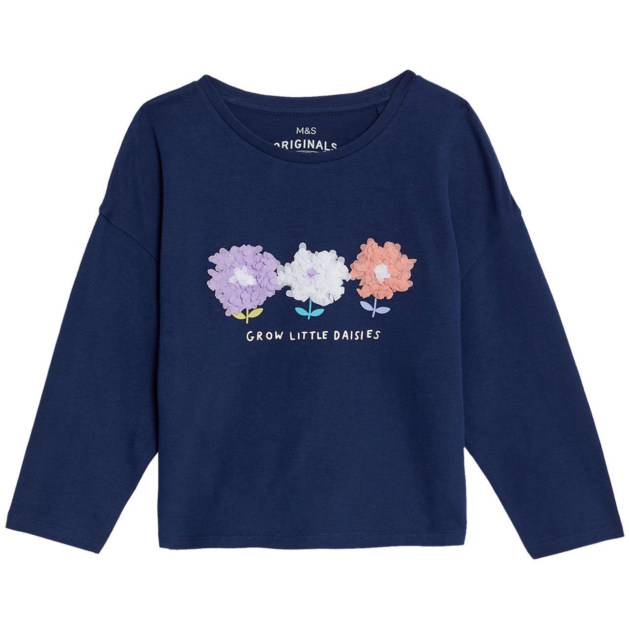 M&S Floral Sequin Tee, 4-5 Years, Navy