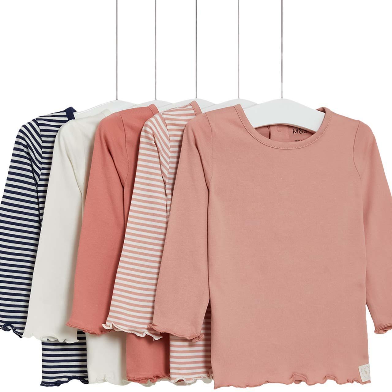 M&S Cotton Long Sleeve Pink Mix Tops, 5 Pack, 2-3 Years