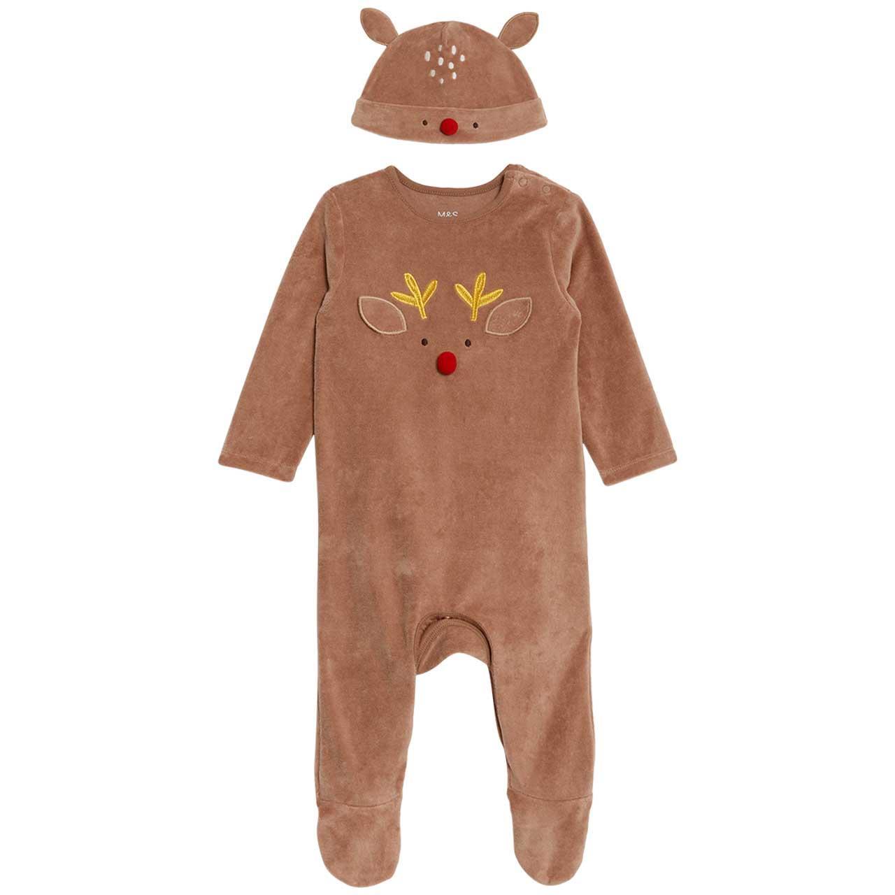 M&S Christmas Reindeer Sleepsuit, 2 Piece, 0-3 Months, Brown