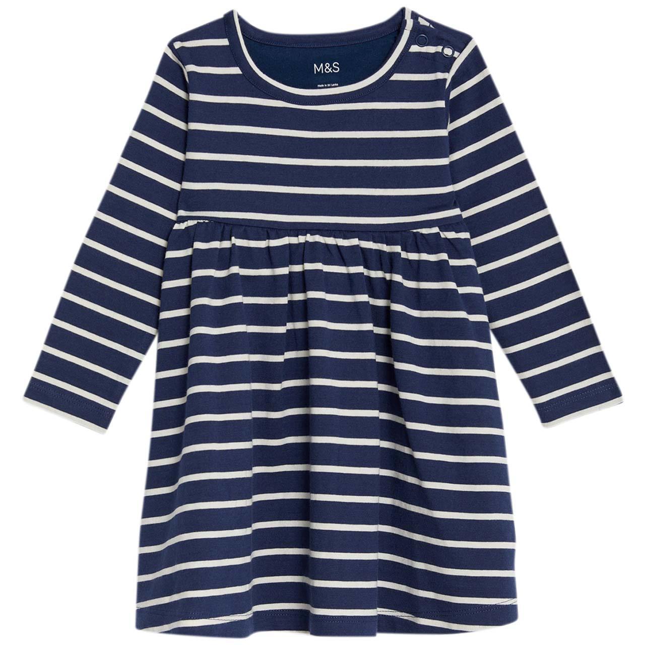 M&S Striped Long Sleeve Dress, 0-3 Months, Navy