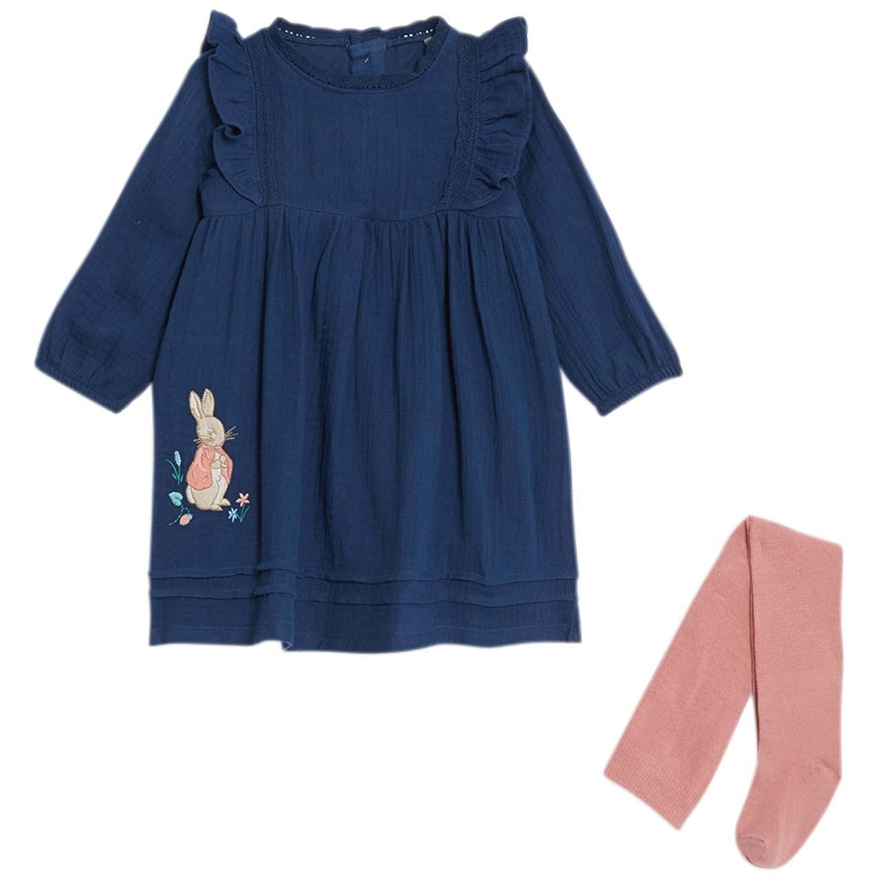 M&S 2pc Peter Rabbit Frill Dress/Tights Set '9-12M Navy Mix