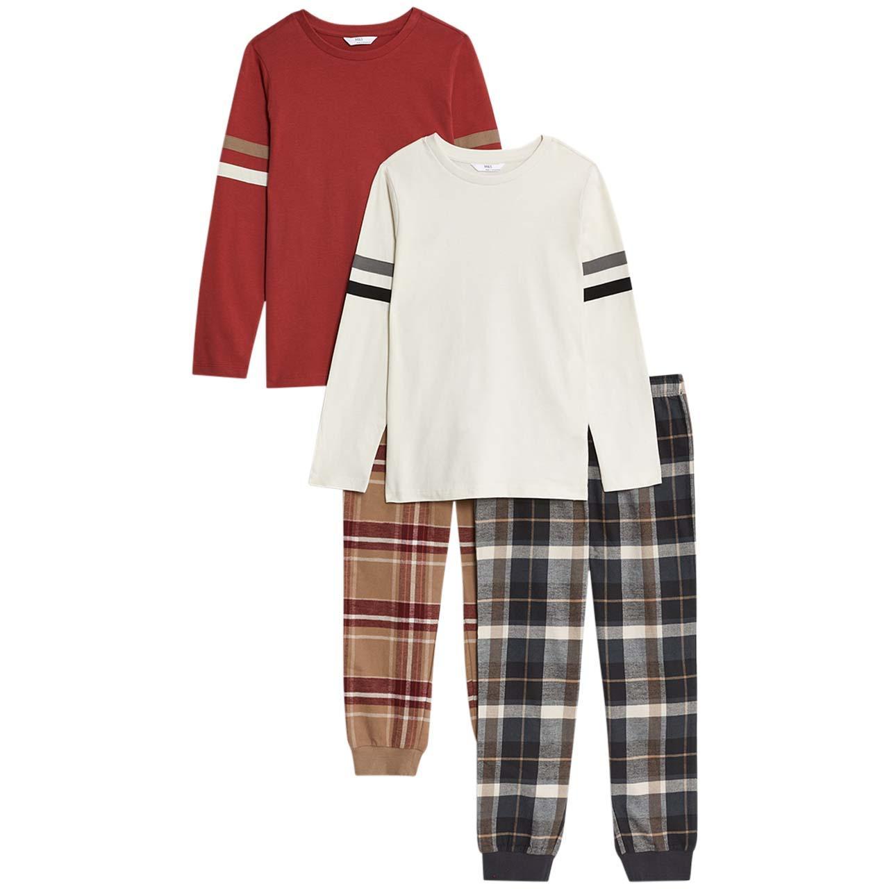 M&S Plain Check  Pyjamas, 2 Pack, 7-8 Years, Brown