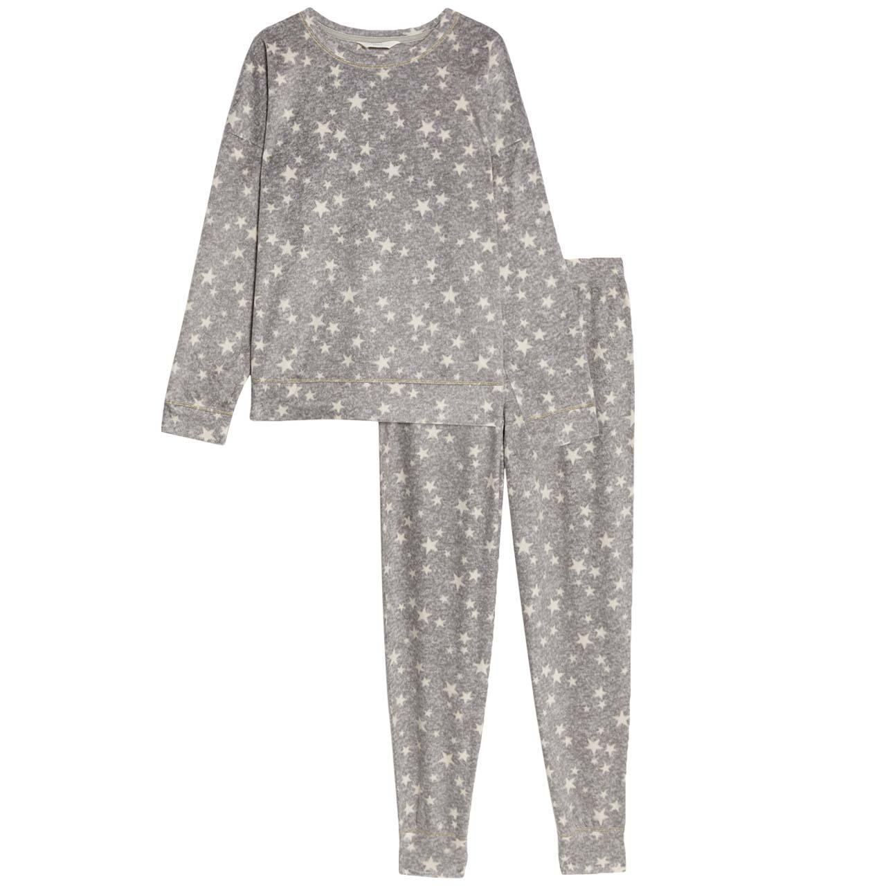 M&S Womens Fleece Star Print Pyjama Set, Extra Large, Grey