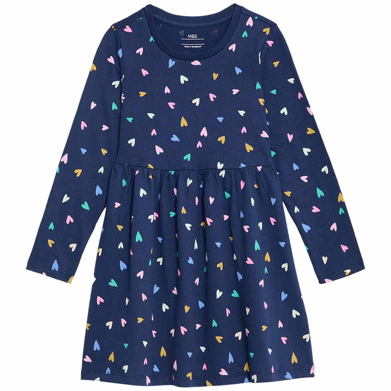 M&S Heart Print Dress, 3-4 Years, Navy