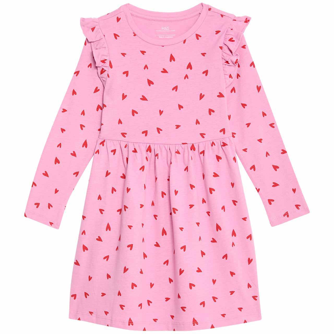 M&S Heart Frill Sleeve Dress, 4-5 Years, Pink