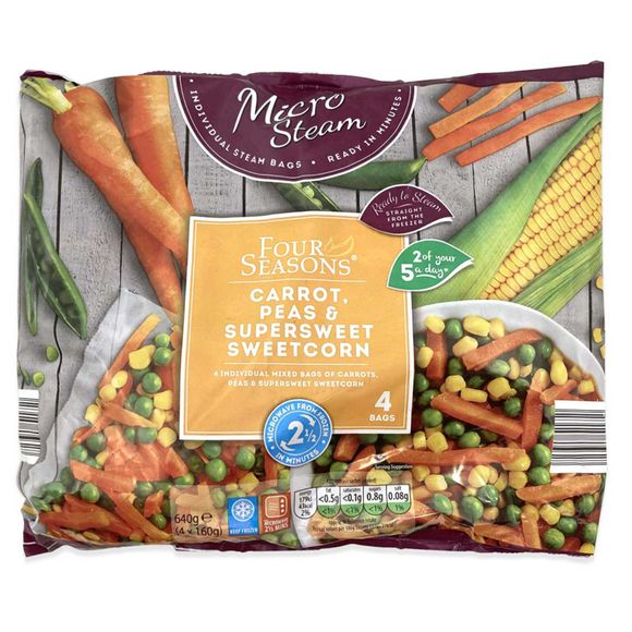 Four Seasons Premium Steam Bag Vegetables, Carrot, Peas & Supersweet Sweetcorn 640g