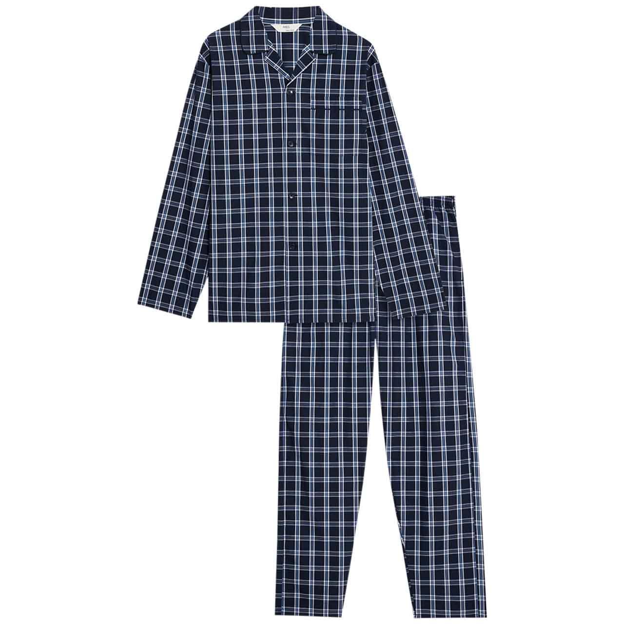 M&S Mens Pure Cotton Checked Pyjama, Set S , Navy,