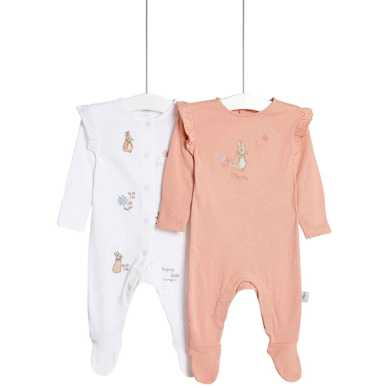 M&S 2pk Peter Rabbit Sleepsuits, Newborn, Pink