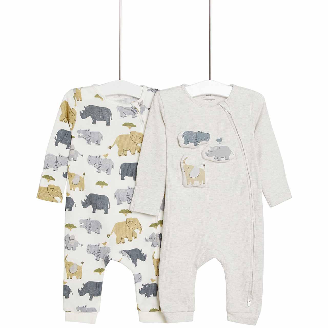 M&S Dino Pillow Footless Sleepsuits, 2 Pack, Newborn, Grey