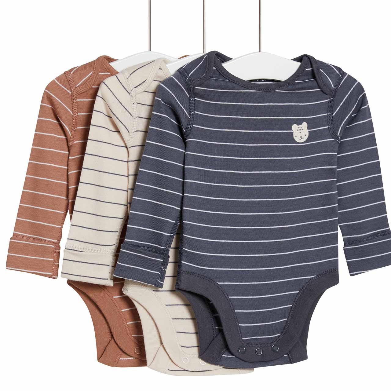 M&S Pure Cotton Stripe & Bear Bodysuits, 3 Pack, 0-3 Months, Carbon