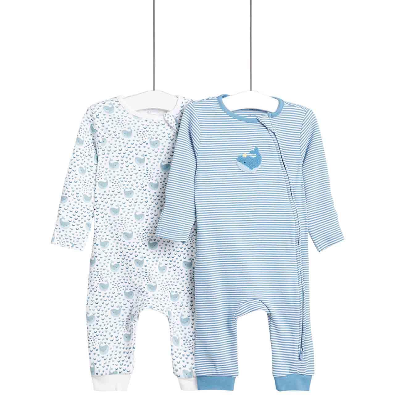 M&S Whale Sleepsuits, 2 Pack, Newborn, Navy