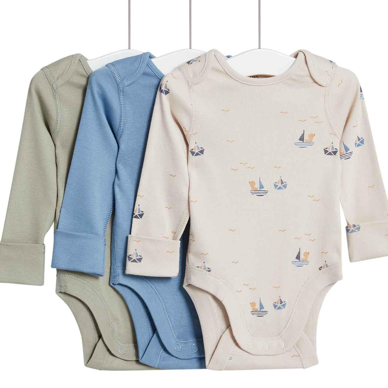 M&S Nautical Bodysuit, Newborn, Blue, 3 Pack