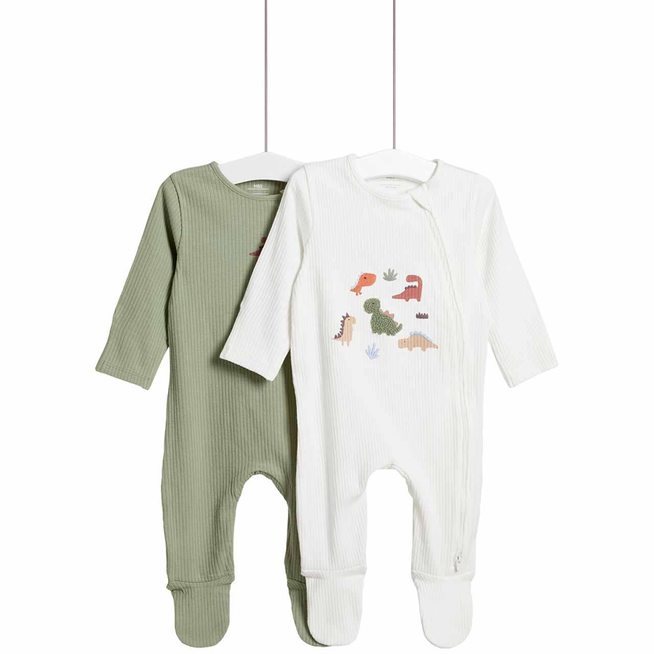 M&S Dino Sleepsuit, 2 Pack, 0-3 Months, Cream Mix