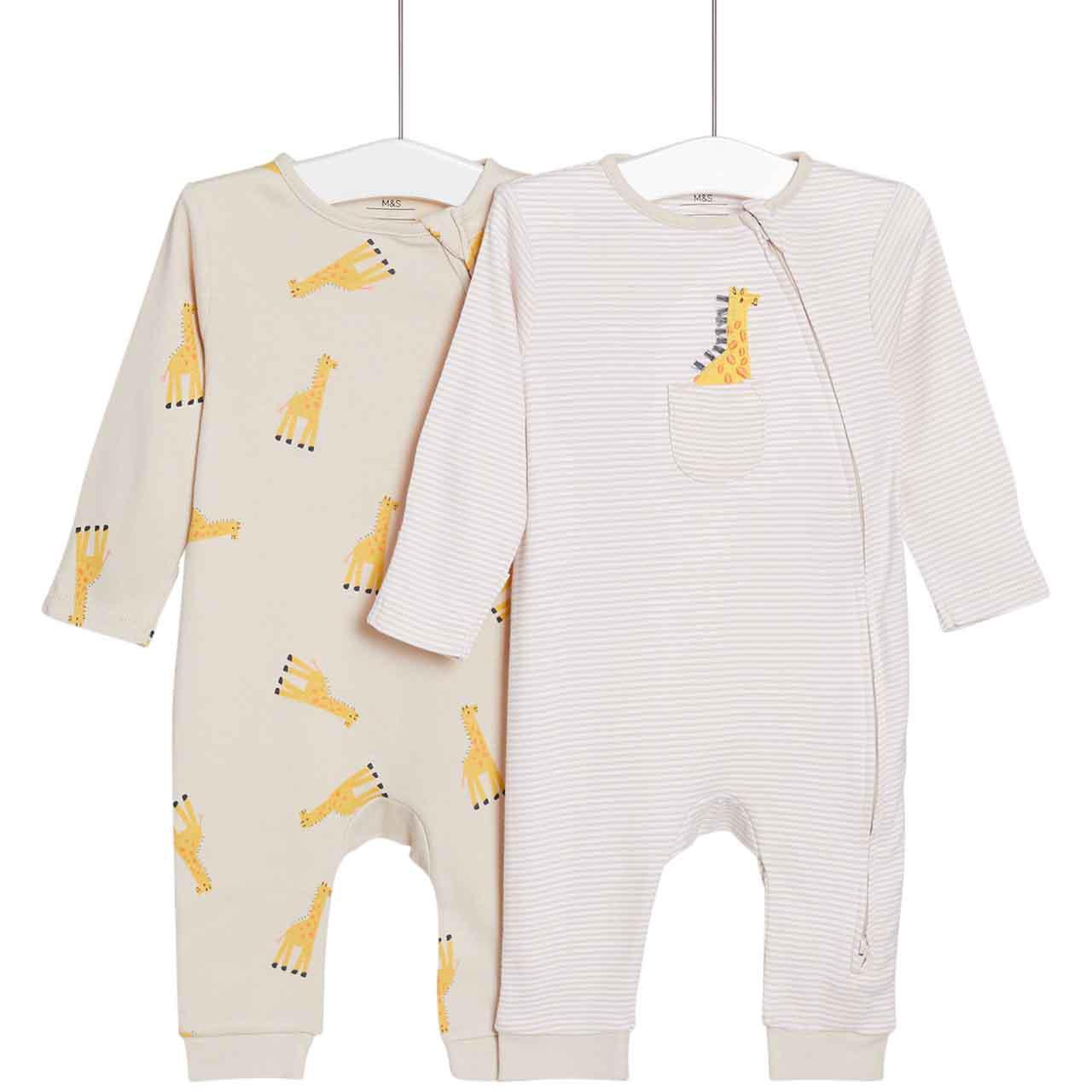 M&S Giraffe Footless Sleepsuits, Newborn, 2 Pack, Cream