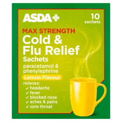 ASDA Max Strength Cold & Flu Relief Sachets Lemon Flavour 10 Sachets