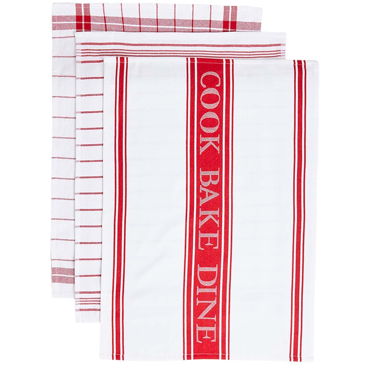 M&S Collection Set of 3 Cotton Rich Striped Tea Towels Red