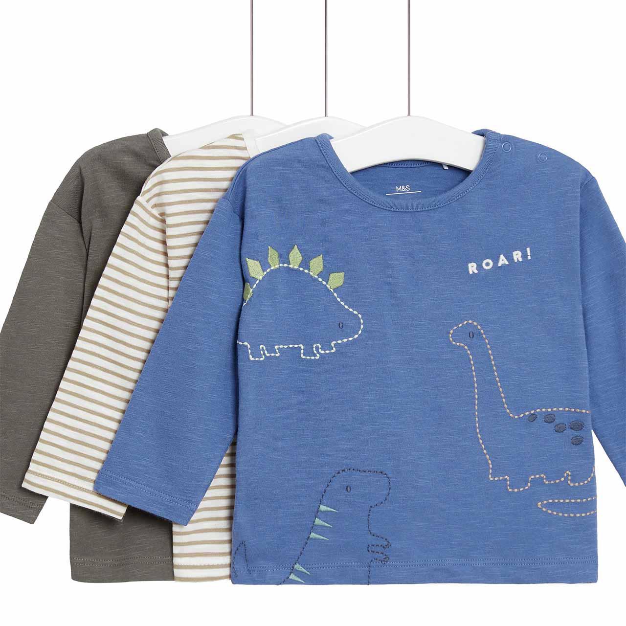 M&S Dinosaur & Striped Long Sleeve Tops, 3 Pack, 2-3 Years, Blue 